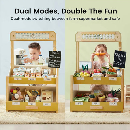 Tiny Land Kid's Grocery Store Playset with stalls coffee shop left farmers market right on Tampa Home & Garden Store