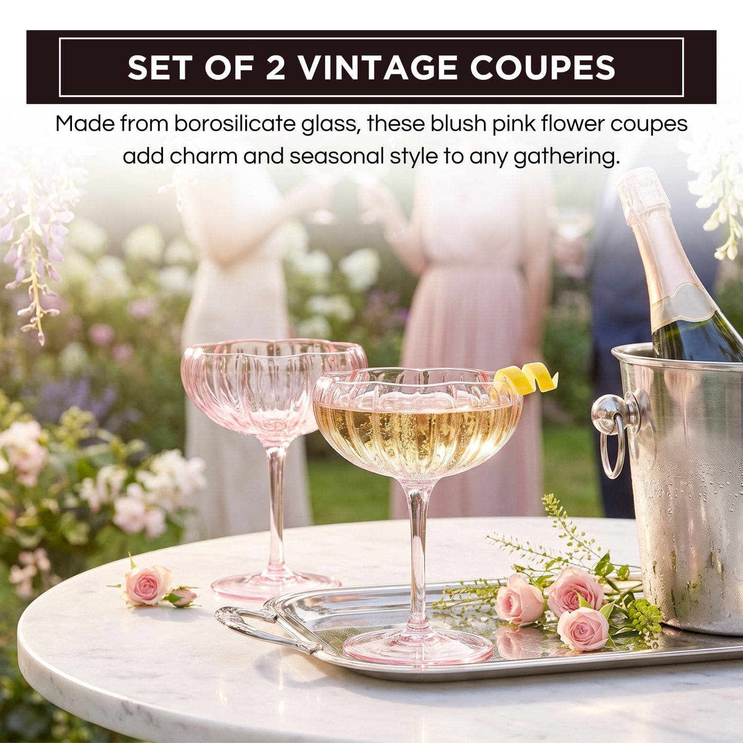 Blush Pink Floral Coupe and Cocktail Glasses
