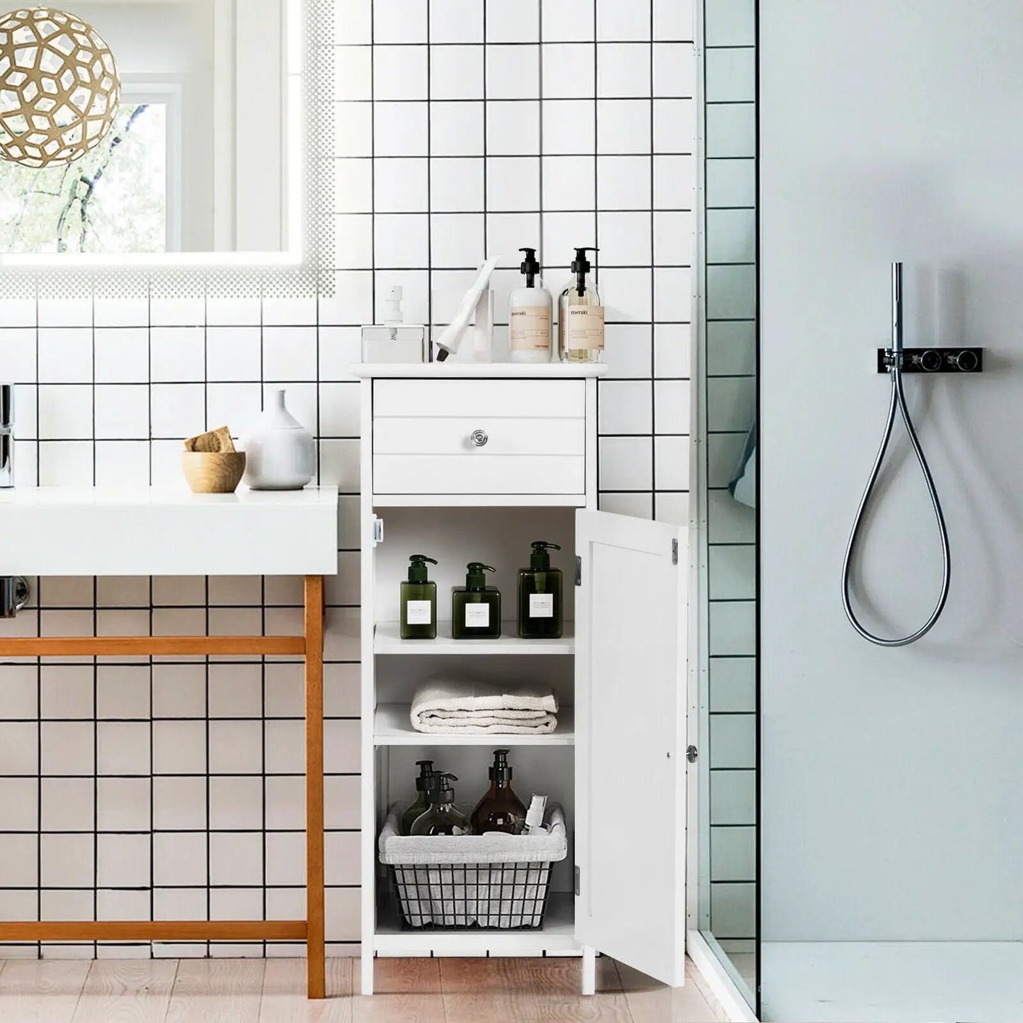 Wooden Bathroom Floor Storage Cabinet With Drawer