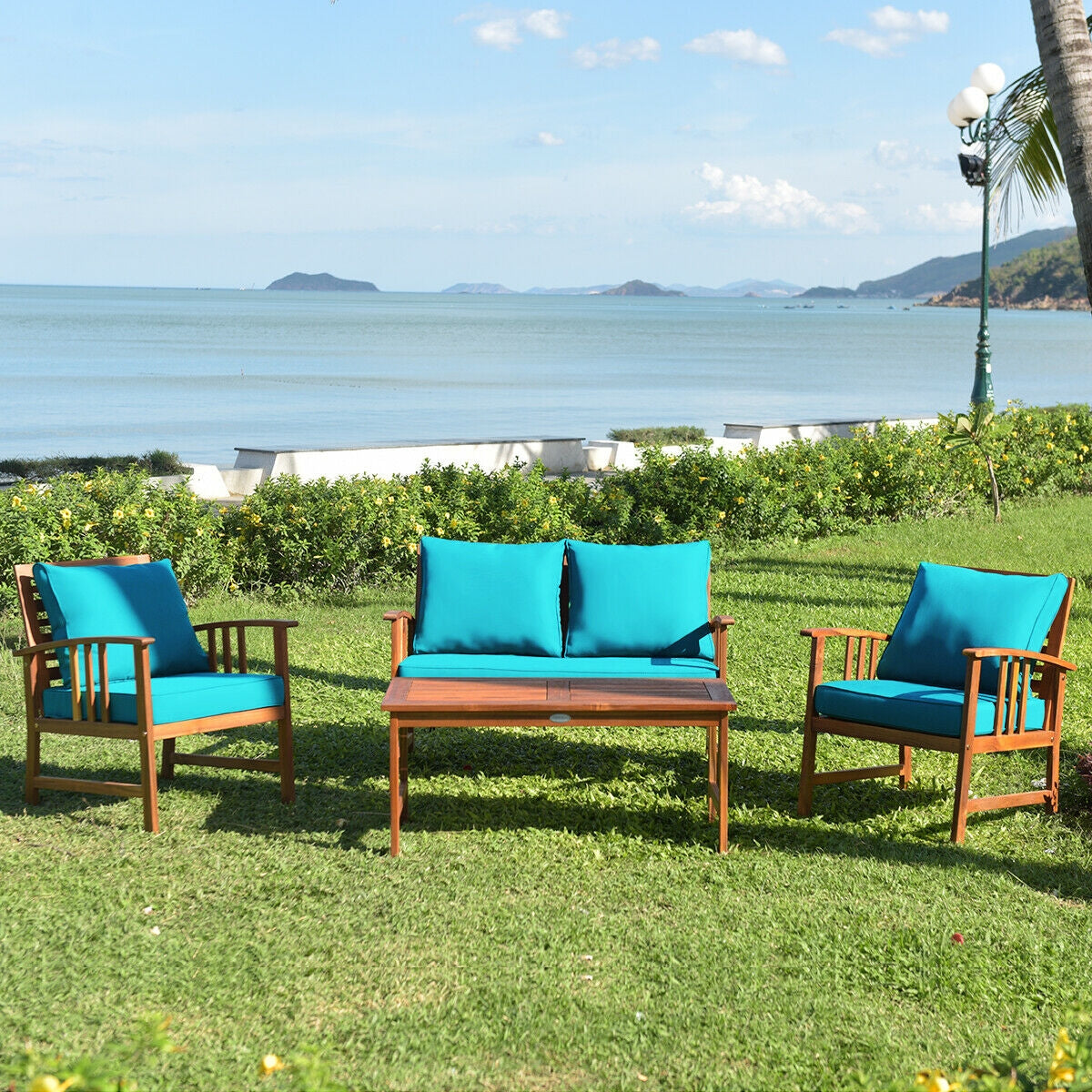 Juego de Muebles de Patio de Madera de 4 Piezas con Mesa, Sofá, Silla y Cojines para Jardín