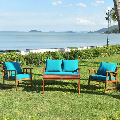 Juego de Muebles de Patio de Madera de 4 Piezas con Mesa, Sofá, Silla y Cojines para Jardín