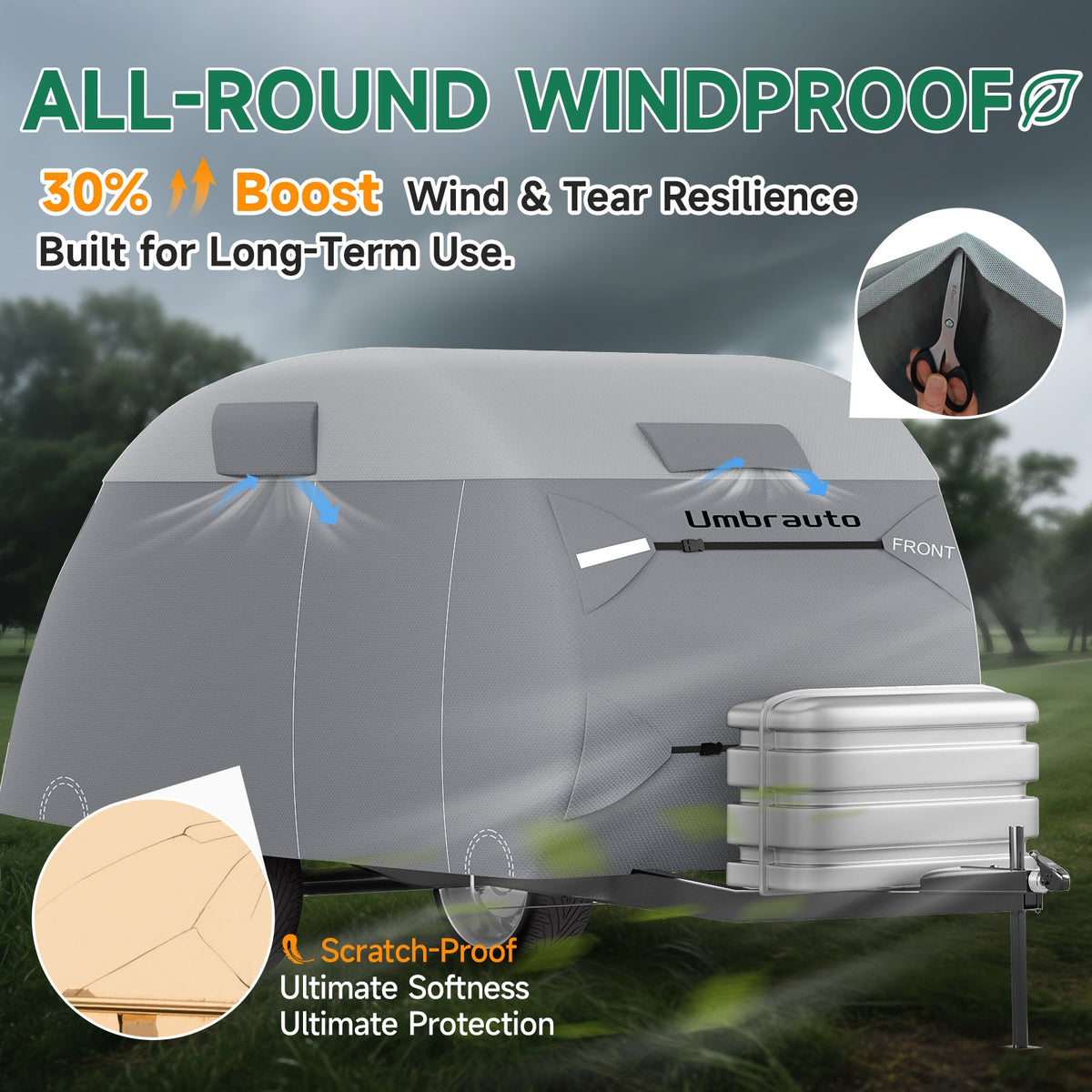 Umbrauto 7-Layer Teardrop Travel Trailer Cover gray fabric windproof design on Tampa Home & Garden Store