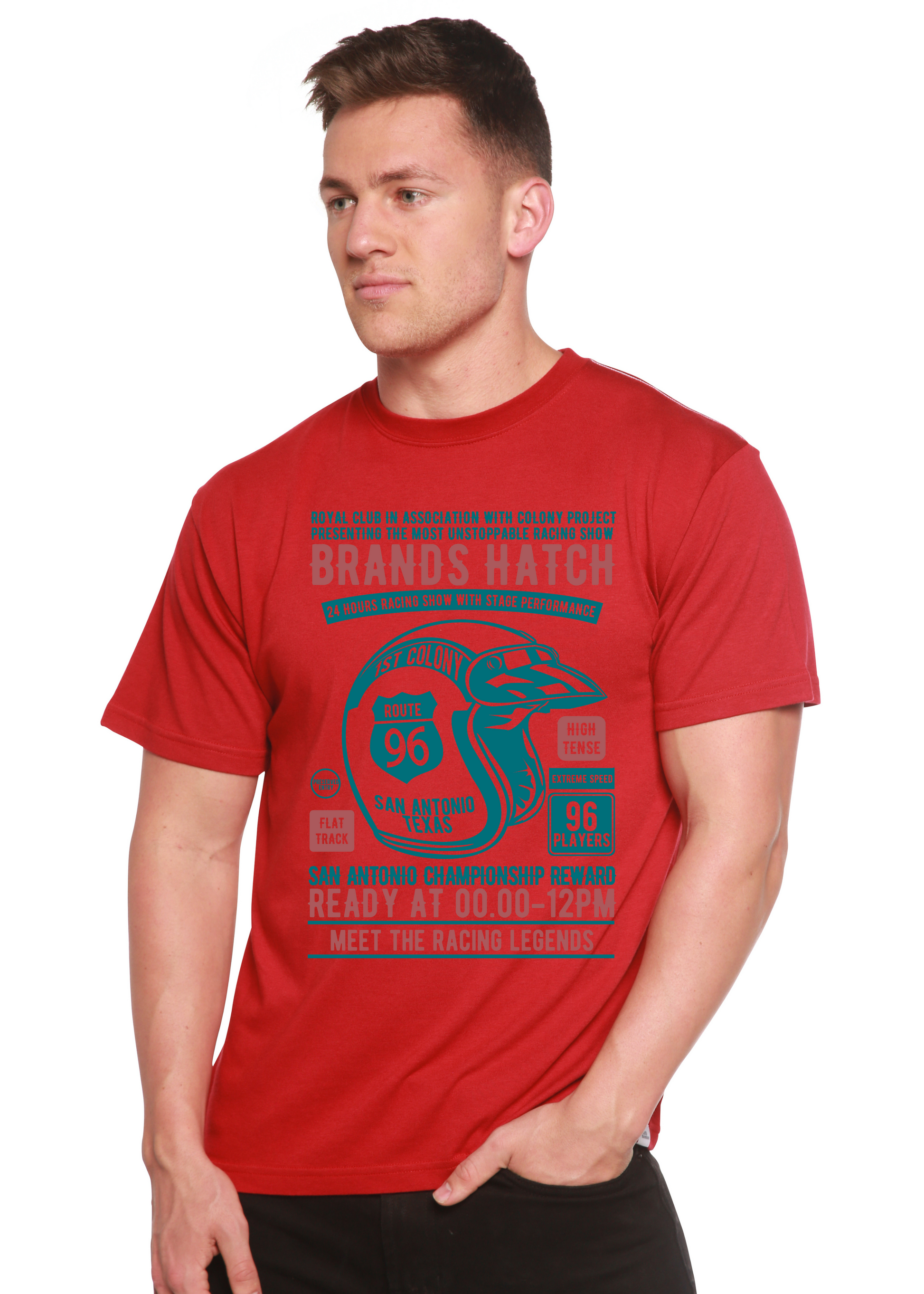 Brands Hatch men's bamboo viscose/organic cotton tee red with teal racing graphic by Spun Bamboo on Tampa Home & Garden Store