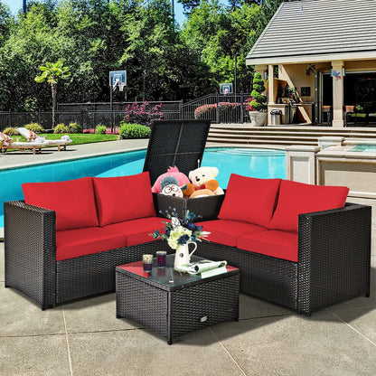 Juego de muebles de ratán para patio exterior de 4 piezas con sofá biplaza acolchado y caja de almacenamiento - Rojo