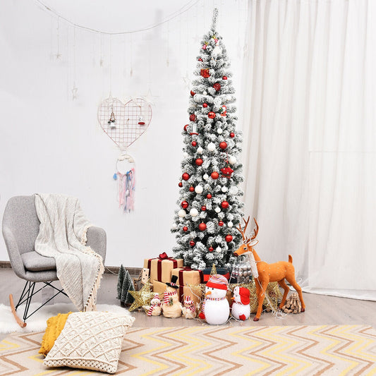 7.5 ft unlit hinged snowflocked pencil Christmas tree 641-tip red/white decor DirectDeals on Tampa Home & Garden Store