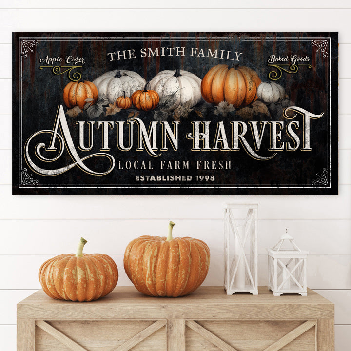 Family Autumn Harvest sign canvas with two orange pumpkins on rustic table by Tailored Canvases on Tampa Home & Garden Store