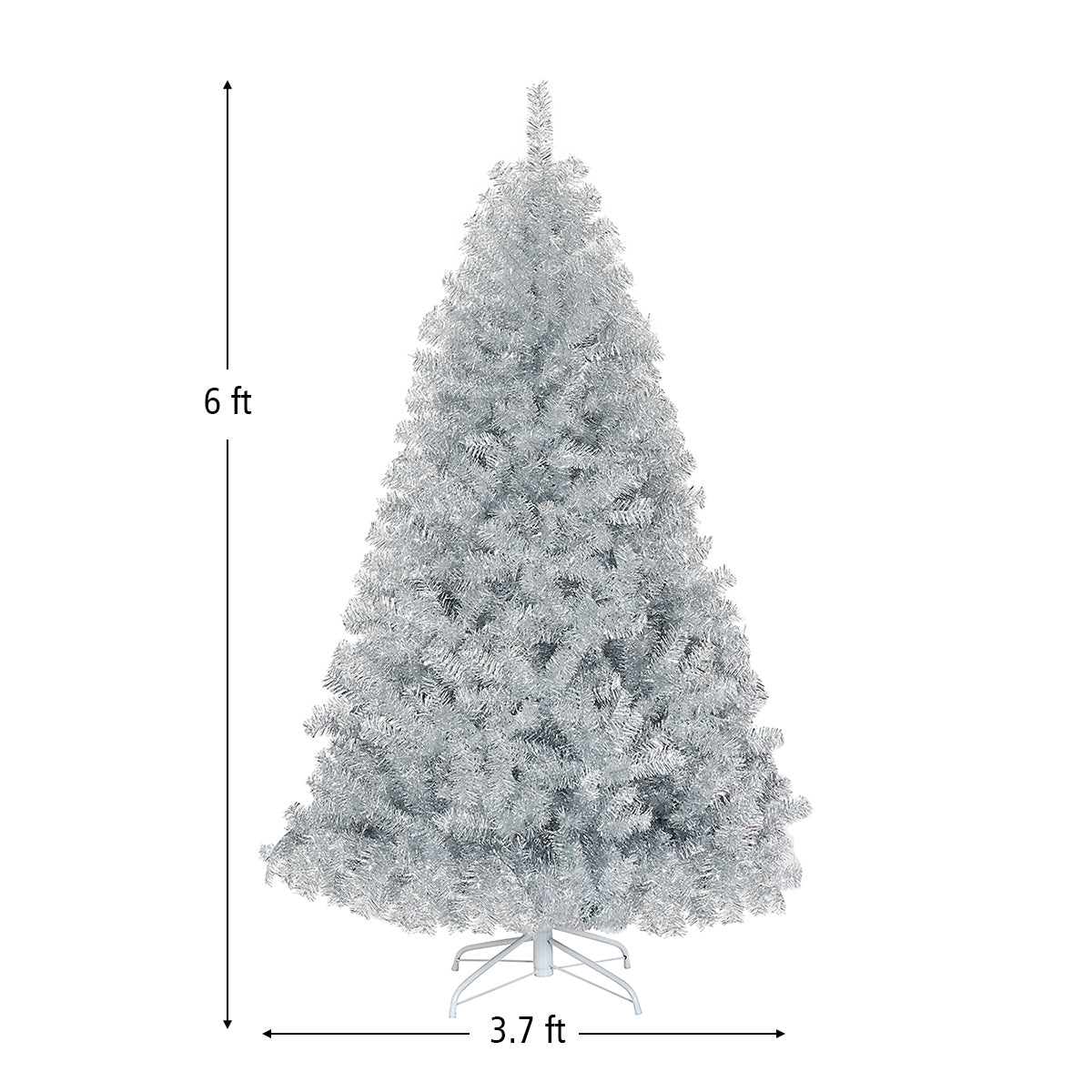Árbol de Navidad artificial de oropel plateado de 1,8 m con bisagras sin luces y base de metal