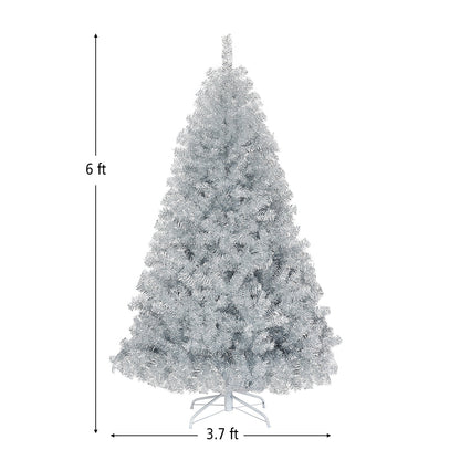 Árbol de Navidad artificial de oropel plateado de 1,8 m con bisagras sin luces y base de metal