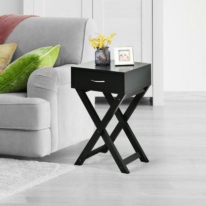 Mesa Auxiliar de Sofá de Diseño con Cajón en Forma de X para Sala de Estar o Dormitorio - Negro