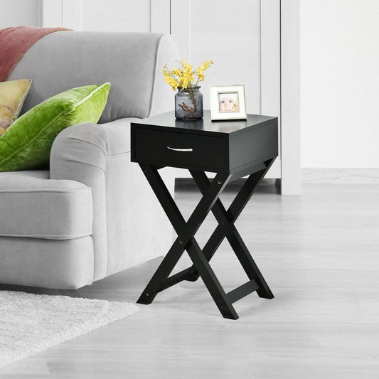 Design Sofa Side Table with X-Shape Drawer for Living Room Bedroom-Black - Tampa Home & Garden Store