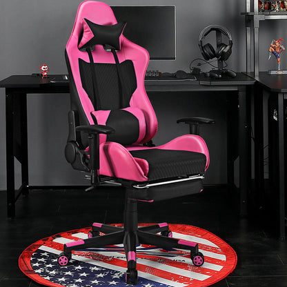 Silla Gaming de Cuero Sintético con Cojín Lumbar de Masaje USB y Reposapiés - Rosa