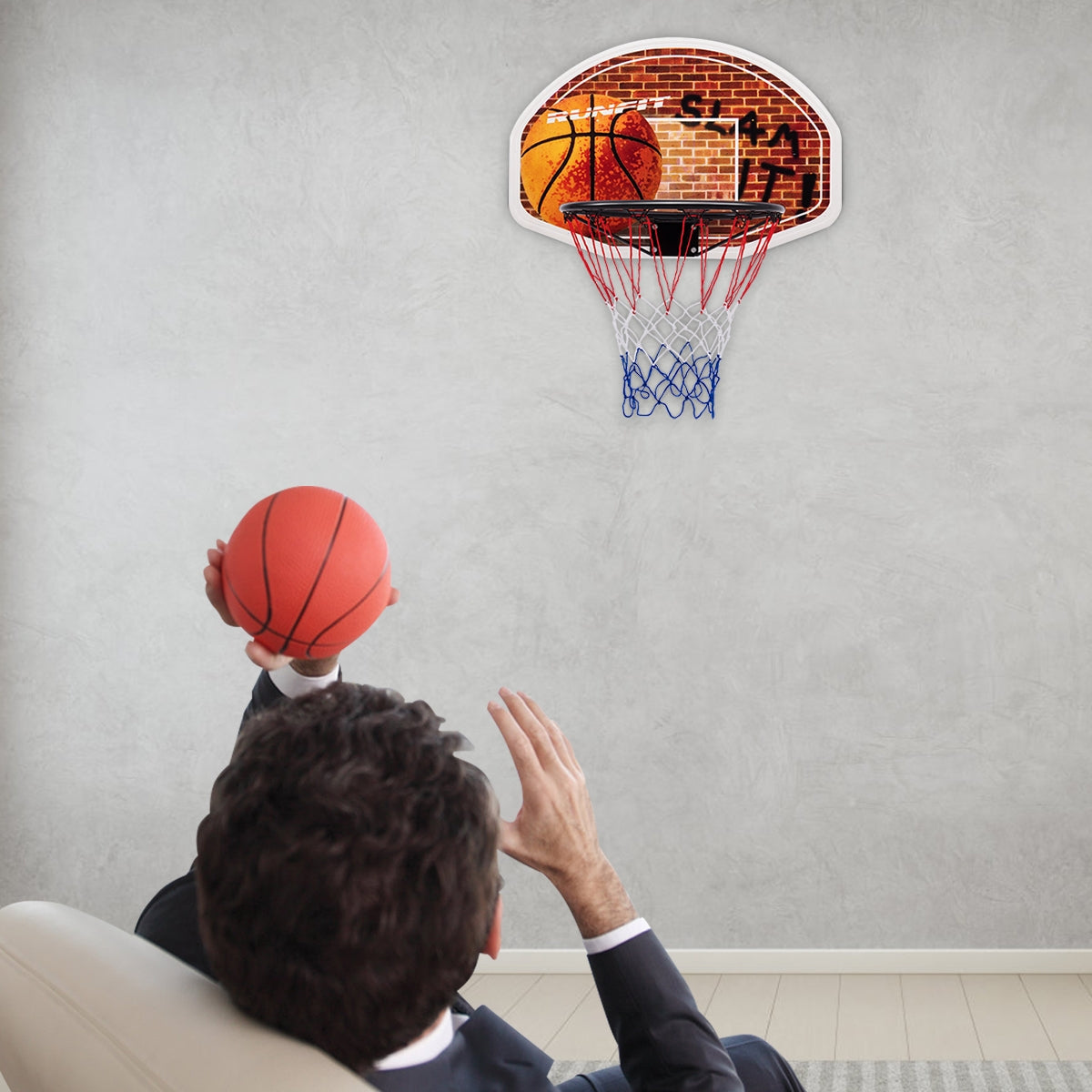 Wall-mounted basketball hoop with brick-pattern backboard and dual nets red and blue on Tampa Home & Garden Store