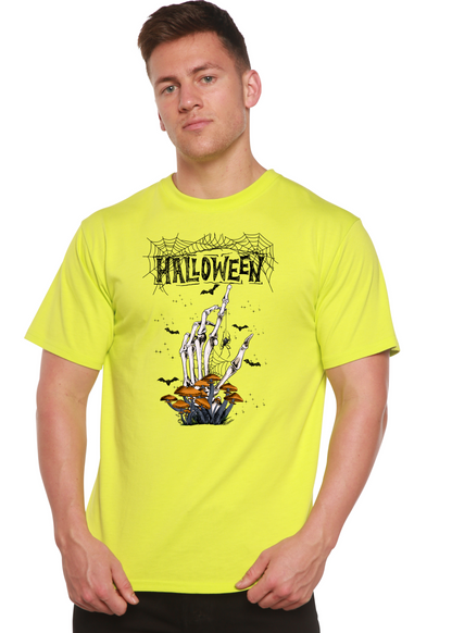 Halloween men's graphic tee in neon yellow with skeleton hand rising from mushrooms and webs on Tampa Home & Garden Store