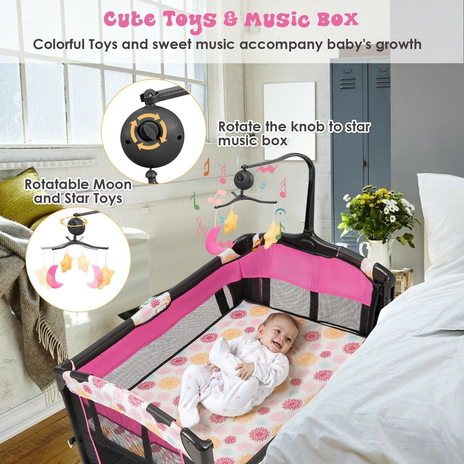 GemGear 6 x 4 ft pop-up canopy tent with half sidewall pink play yard with baby gym and hanging toys on Tampa Home & Garden Store
