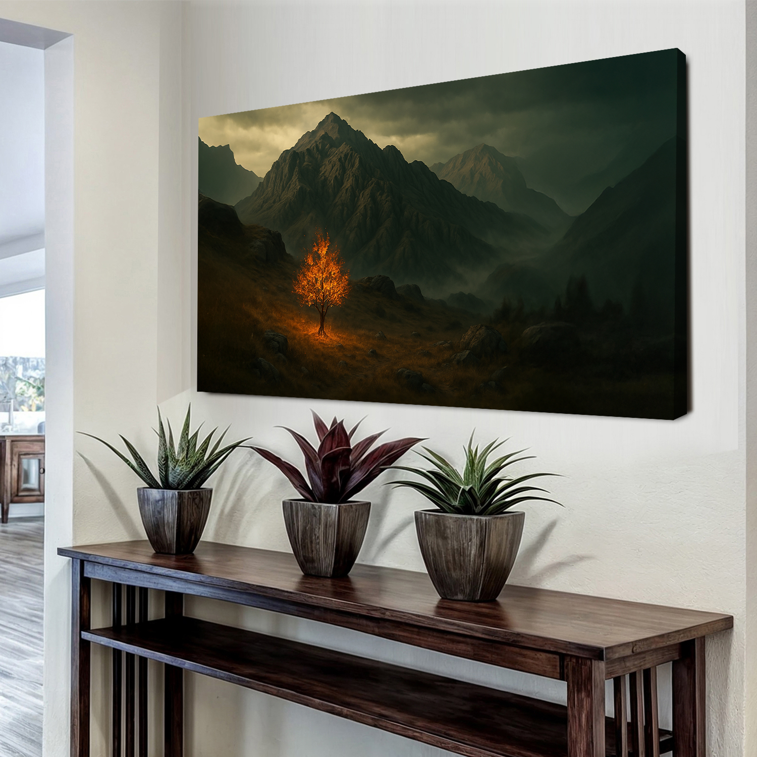 Burning Bush Faith Wall Art V canvas from Tailored Canvases; glowing orange tree amid peaks on Tampa Home & Garden Store