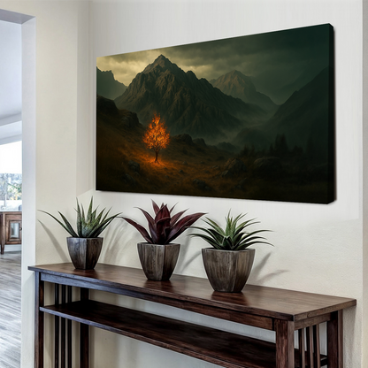 Burning Bush Faith Wall Art V canvas from Tailored Canvases; glowing orange tree amid peaks on Tampa Home & Garden Store
