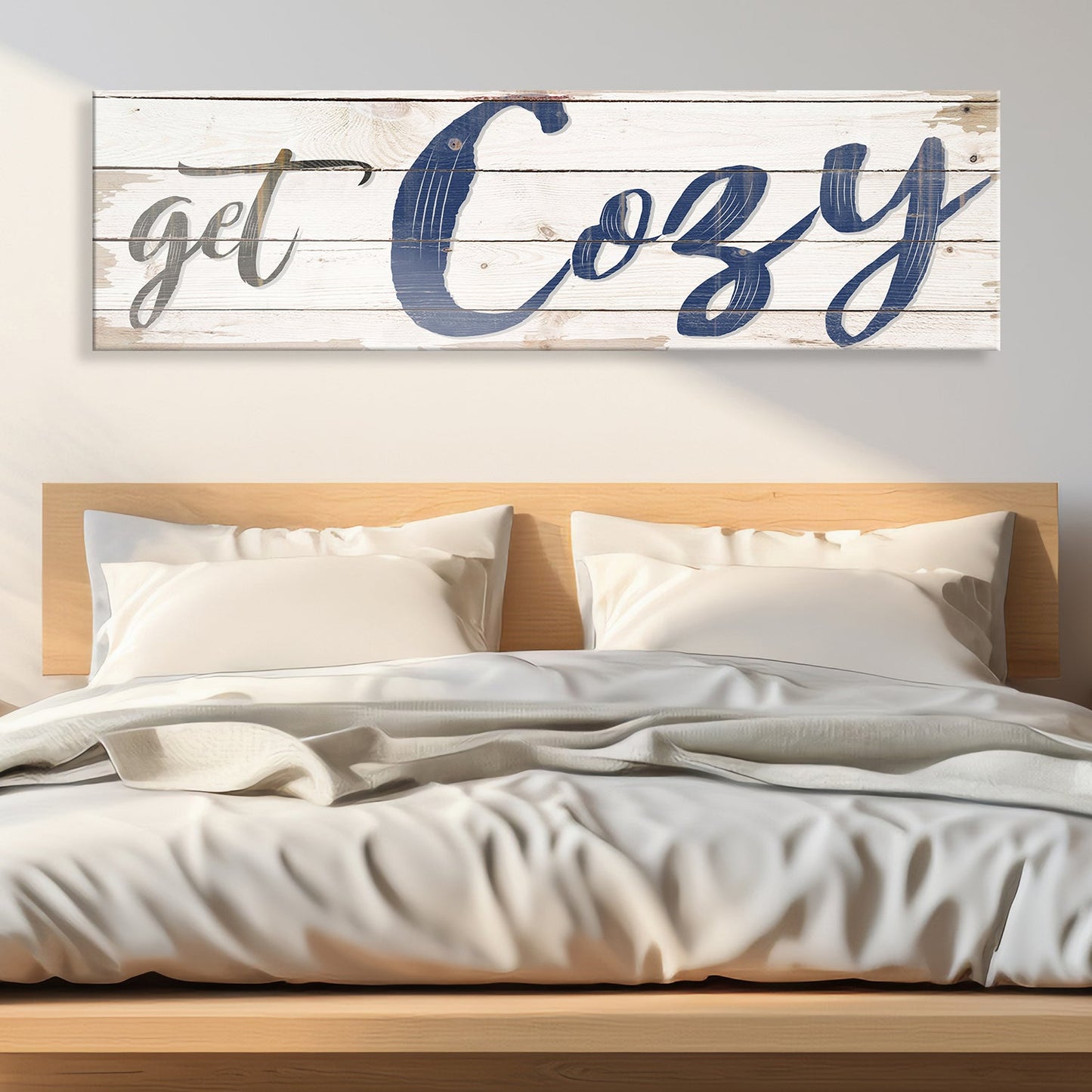 Get Cozy Sign II canvas by Tailored Canvases; whitewashed wood backdrop with navy script on Tampa Home & Garden Store