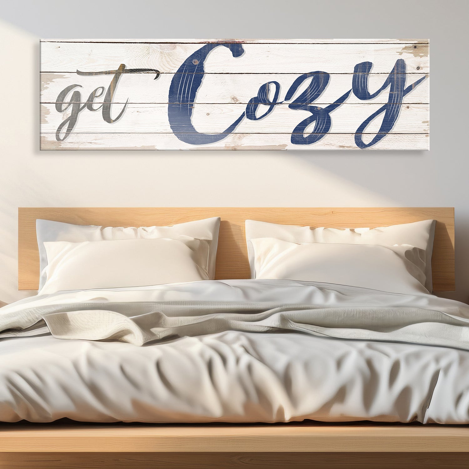 Get Cozy Sign II canvas by Tailored Canvases; whitewashed wood backdrop with navy script on Tampa Home & Garden Store