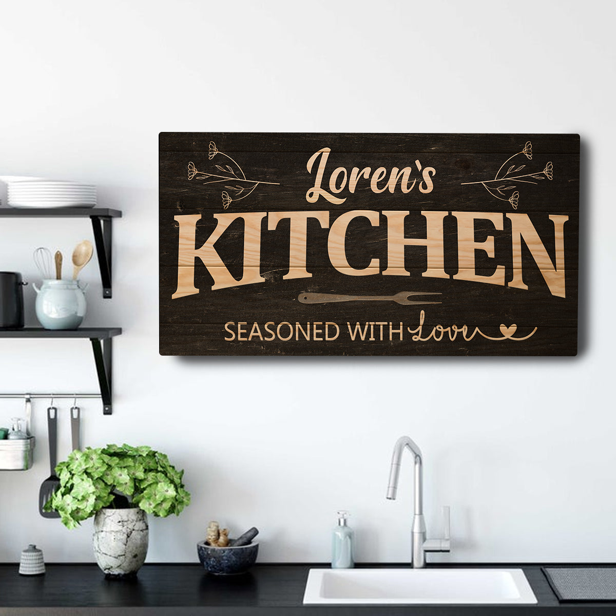 Kitchen Sign canvas wall art by Tailored Canvases on dark wood with beige Loren's lettering on Tampa Home & Garden Store
