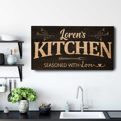 Kitchen Sign canvas wall art by Tailored Canvases on dark wood with beige Loren's lettering on Tampa Home & Garden Store