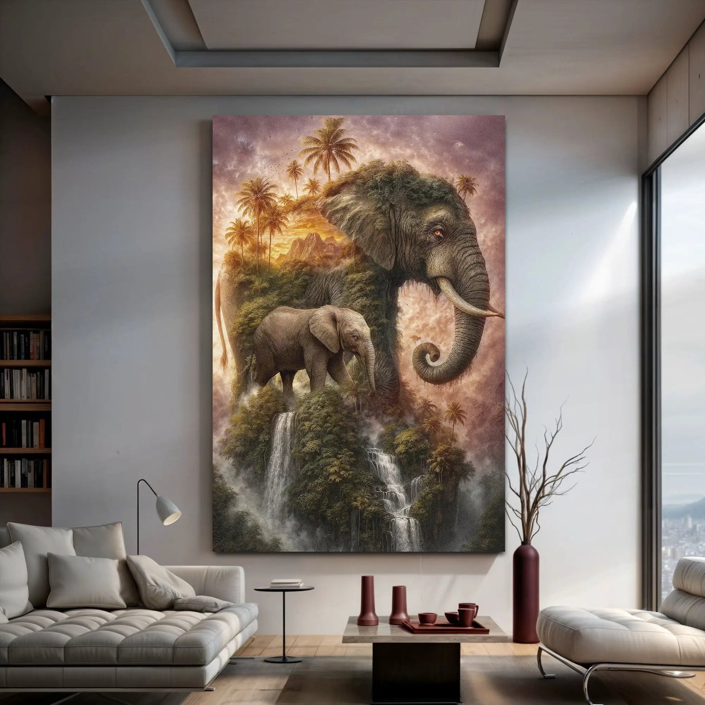 Elephant Jungle Majesty Wall Art canvas with elephants in warm sunset tones on Tampa Home & Garden Store