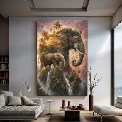 Elephant Jungle Majesty Wall Art canvas with elephants in warm sunset tones on Tampa Home & Garden Store