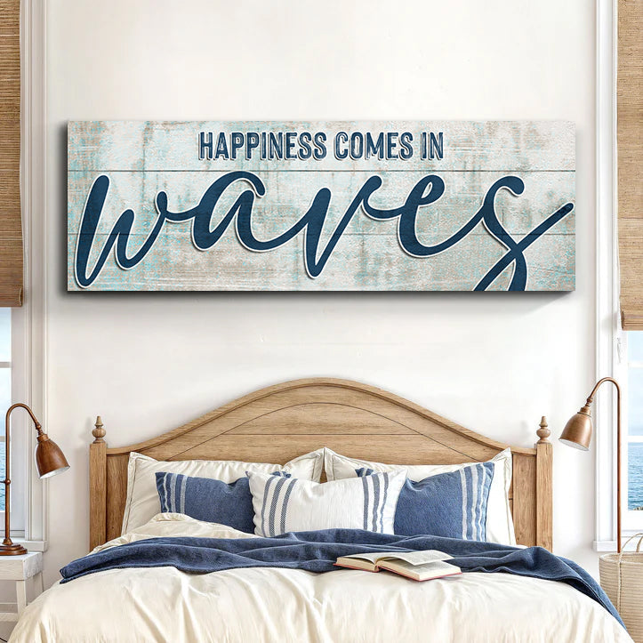 Happiness Comes In Waves canvas sign by Tailored Canvases, blue script on weathered planks on Tampa Home & Garden Store