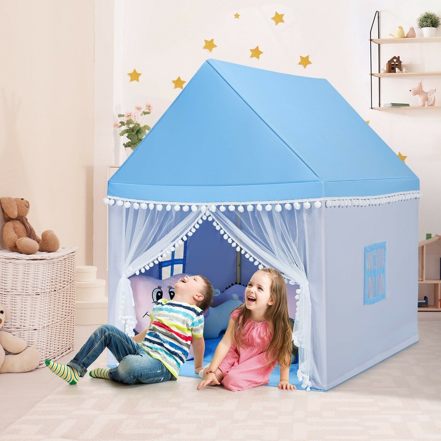 Kids Play Tent Large Playhouse Fairy Castle with Mat, blue roof and white mesh curtains on Tampa Home & Garden Store