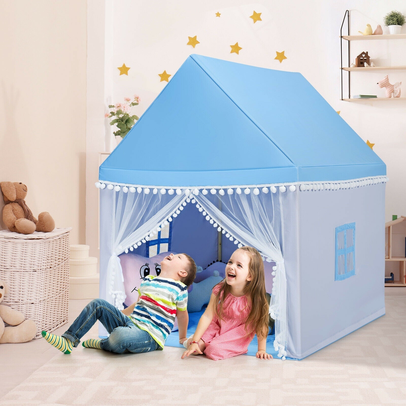 Kids Play Tent Large Playhouse Fairy Castle with Mat, blue roof and white mesh curtains on Tampa Home & Garden Store