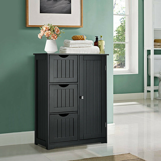 Armario de suelo para baño, armario de almacenamiento lateral con 3 cajones y 1 compartimento - Negro