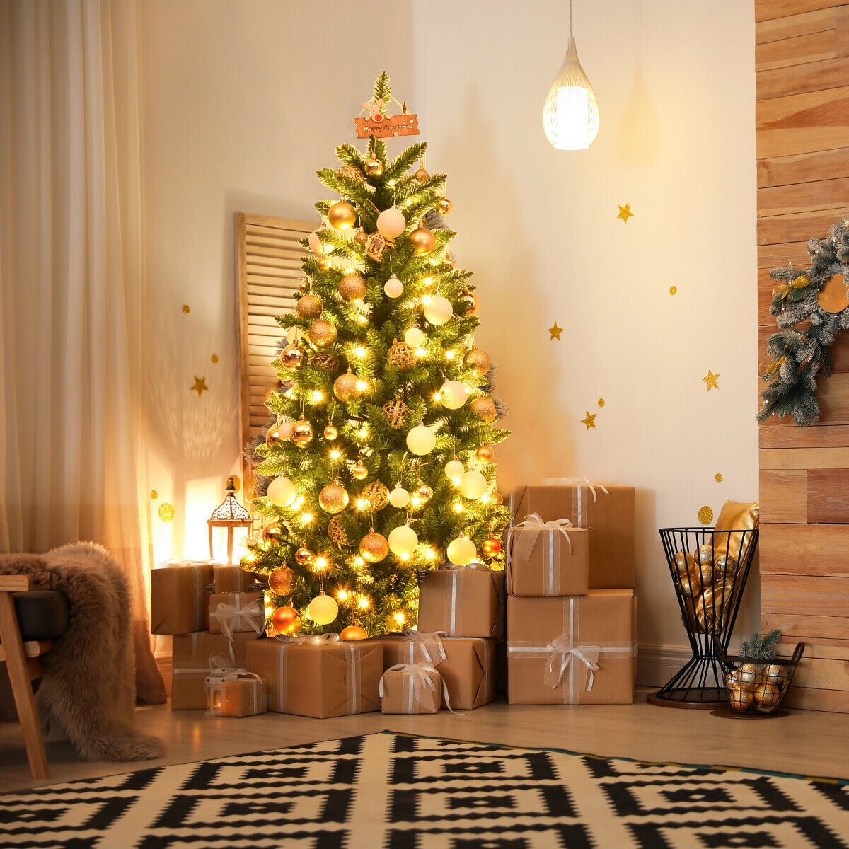 6 ft PVC hinged pre-lit pencil Christmas tree with 150 warm white lights and gold ornaments on Tampa Home & Garden Store