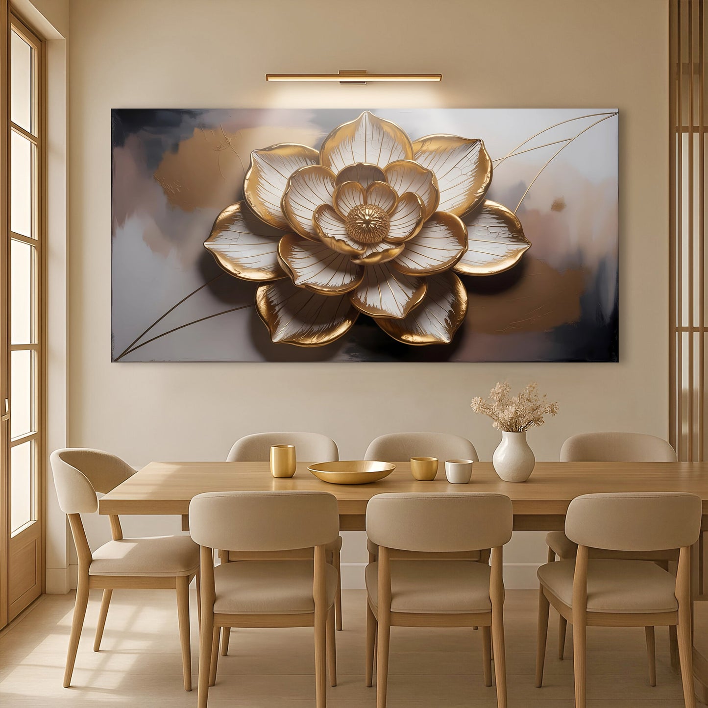 Golden Lotus canvas wall art with metallic gold petals by Tailored Canvases on gray gradient on Tampa Home & Garden Store