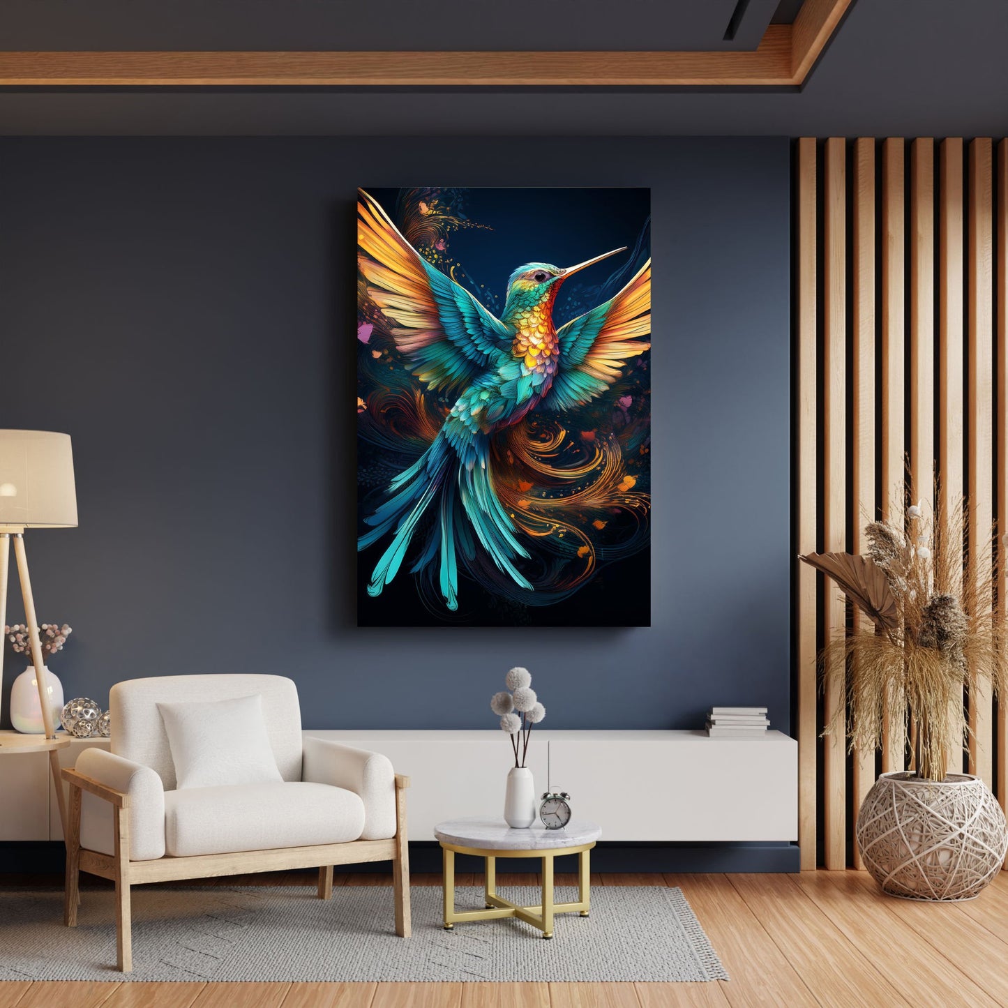 Humming Bird Abstract Wall Art II canvas by Tailored Canvases; teal and orange hummingbird on dark backdrop on Tampa Home & Garden Store