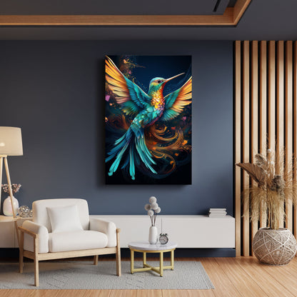 Humming Bird Abstract Wall Art II canvas by Tailored Canvases; teal and orange hummingbird on dark backdrop on Tampa Home & Garden Store