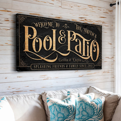 Canvas sign Personalized Pool & Patio Sign II by Tailored Canvases with gold lettering on black on Tampa Home & Garden Store