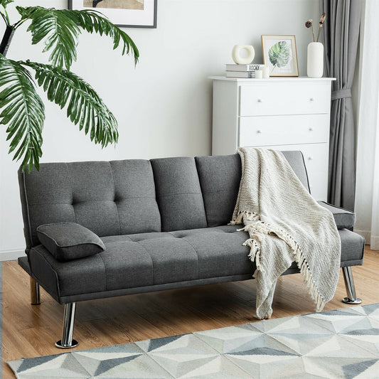 Convertible Folding Futon Sofa Bed Fabric with 2 Cup Holders-Dark Gray - Tampa Home & Garden Store