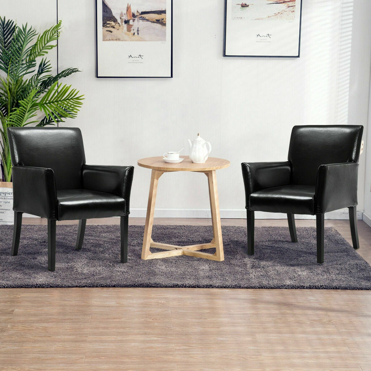 Modern PU Leather Executive Arm Chair Sofa, black 2 chairs with round wood table in lounge on Tampa Home & Garden Store