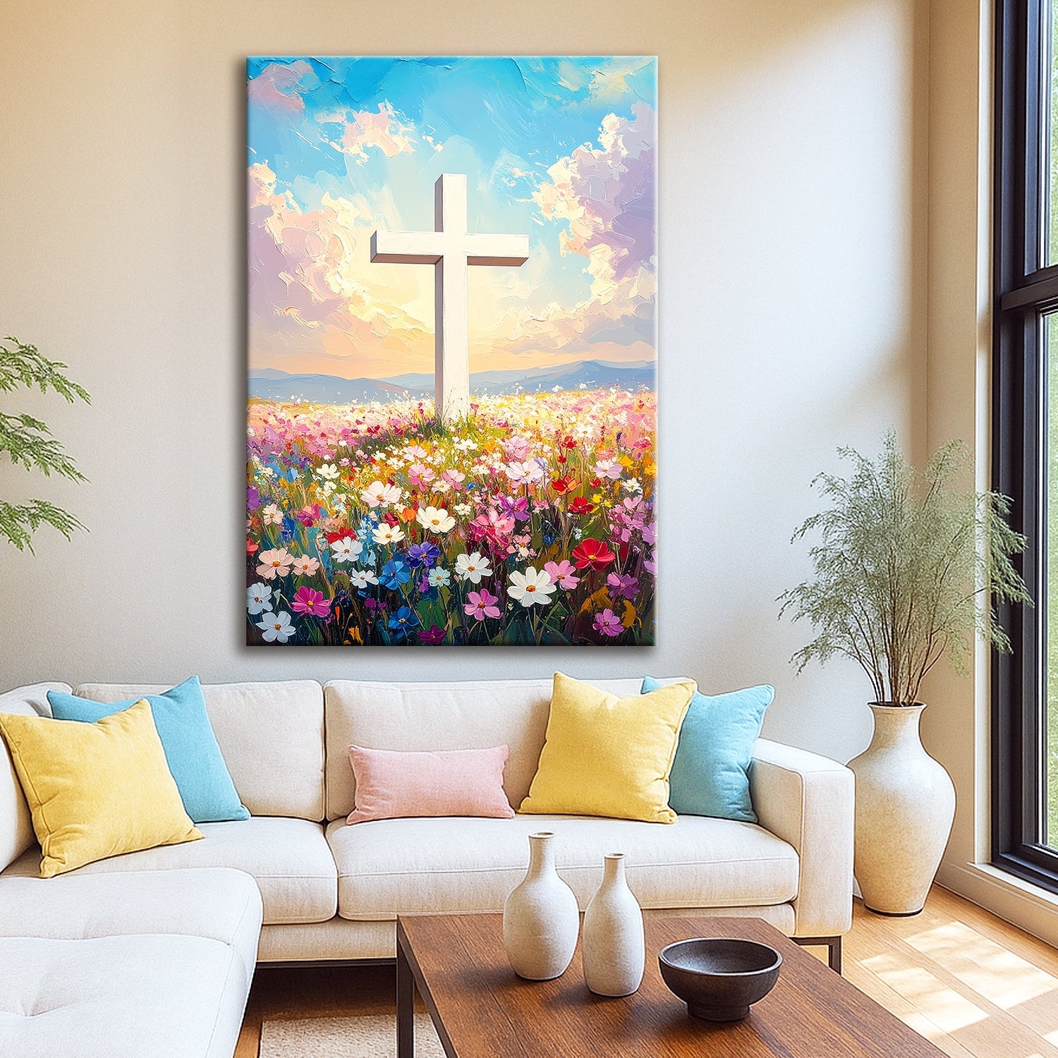 Cross Floral Field Faith Wall Art Canvas Tailored Canvases, vibrant wildflower field on Tampa Home & Garden Store