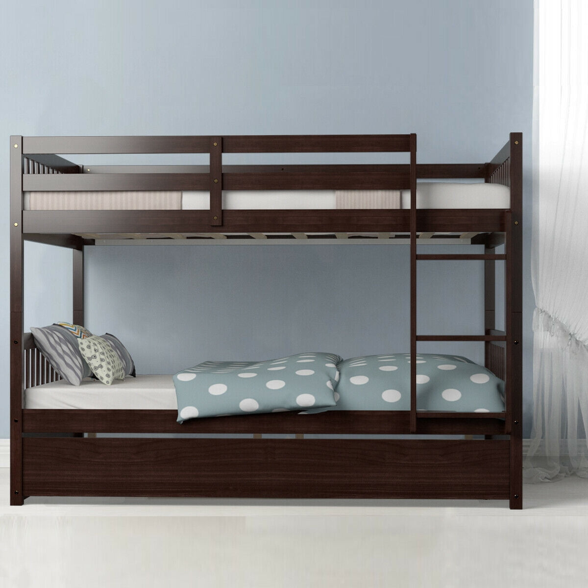Cama litera matrimonial sobre matrimonial de plataforma de madera con escalera - Marrón