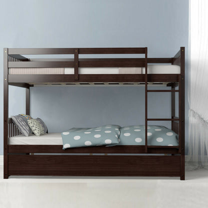 Cama litera matrimonial sobre matrimonial de plataforma de madera con escalera - Marrón
