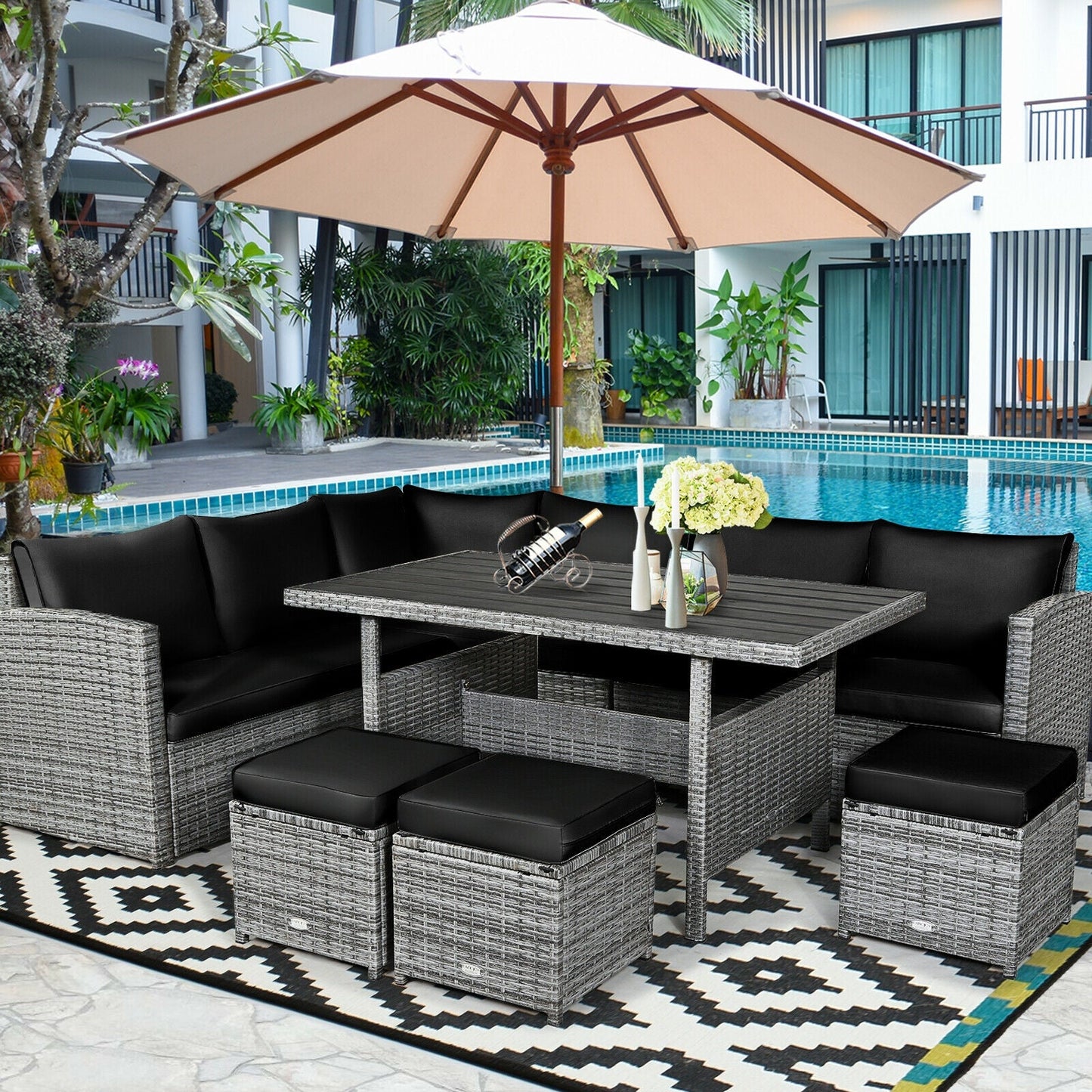 Juego de muebles seccionales de ratán para patio de 7 piezas con otomana de mimbre, color negro