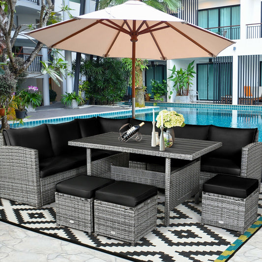 7 Pieces Patio Rattan Dining Furniture Sectional Sofa Set with Wicker Ottoman-Black - Tampa Home & Garden Store