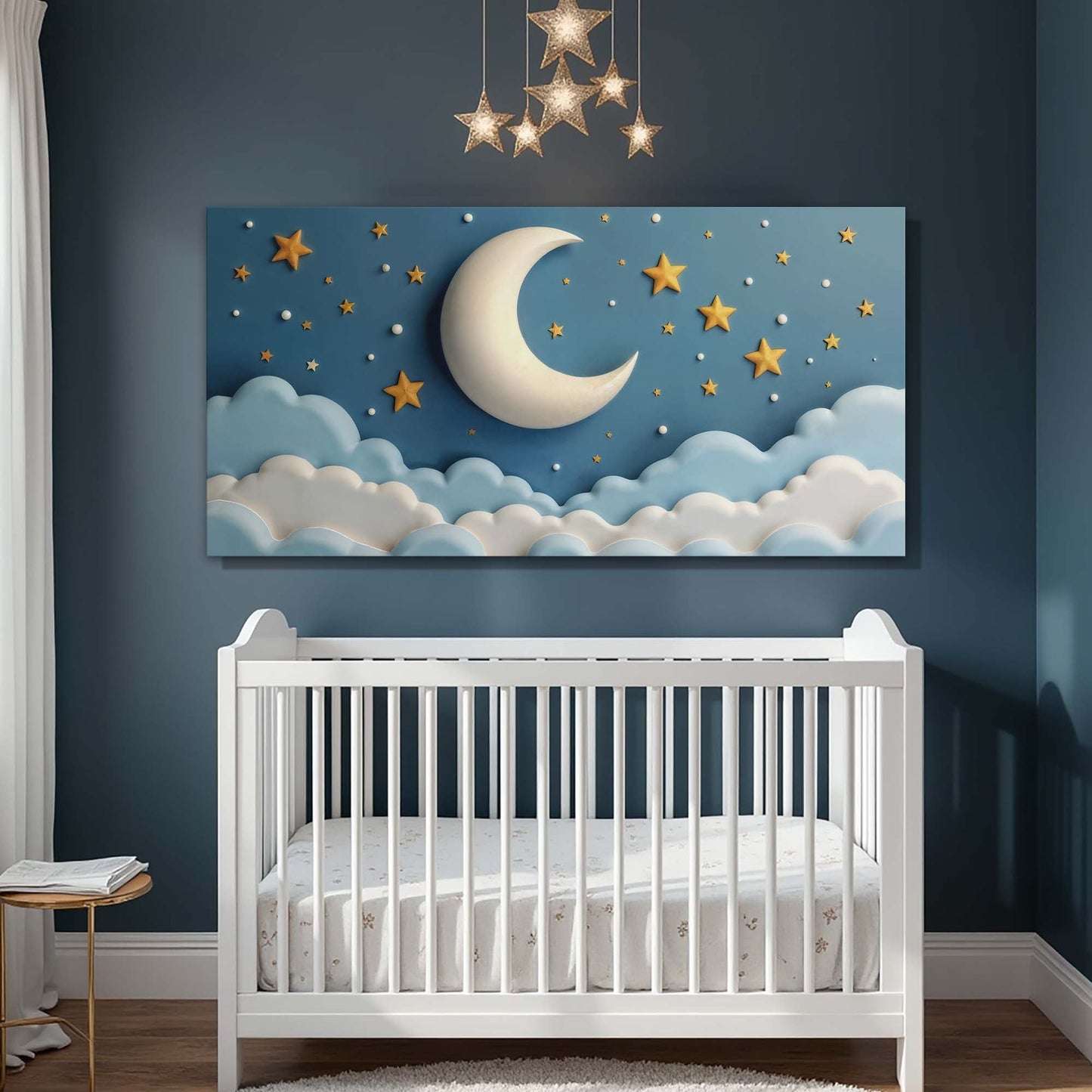 Celestial Serenade Wall Art canvas with moon and stars on blue sky clouds Tailored Canvases on Tampa Home & Garden Store