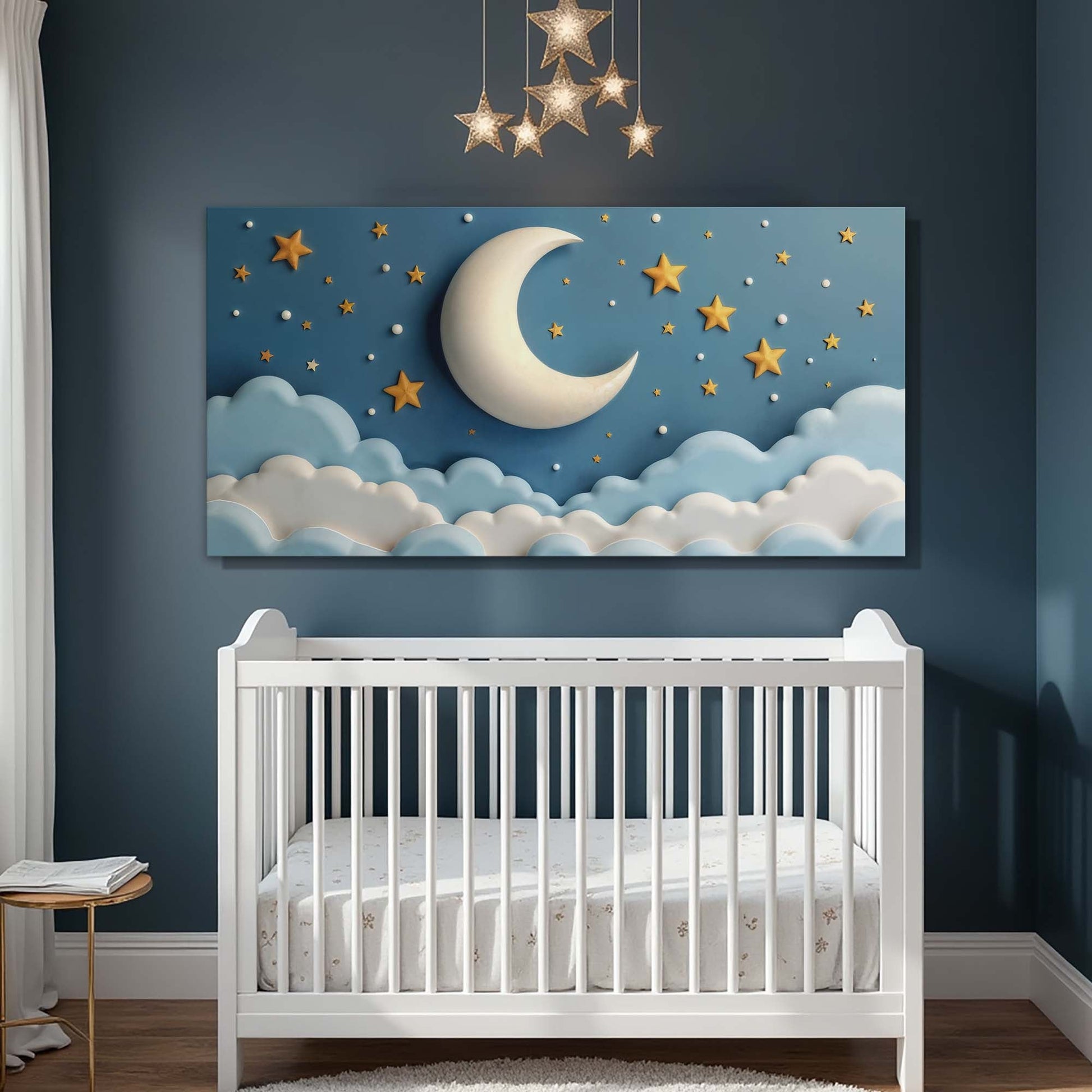 Celestial Serenade Wall Art canvas with moon and stars on blue sky clouds Tailored Canvases on Tampa Home & Garden Store