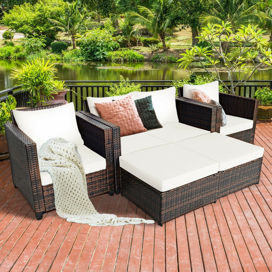 5 Pieces Patio Cushioned Rattan Furniture Set-White - Tampa Home & Garden Store
