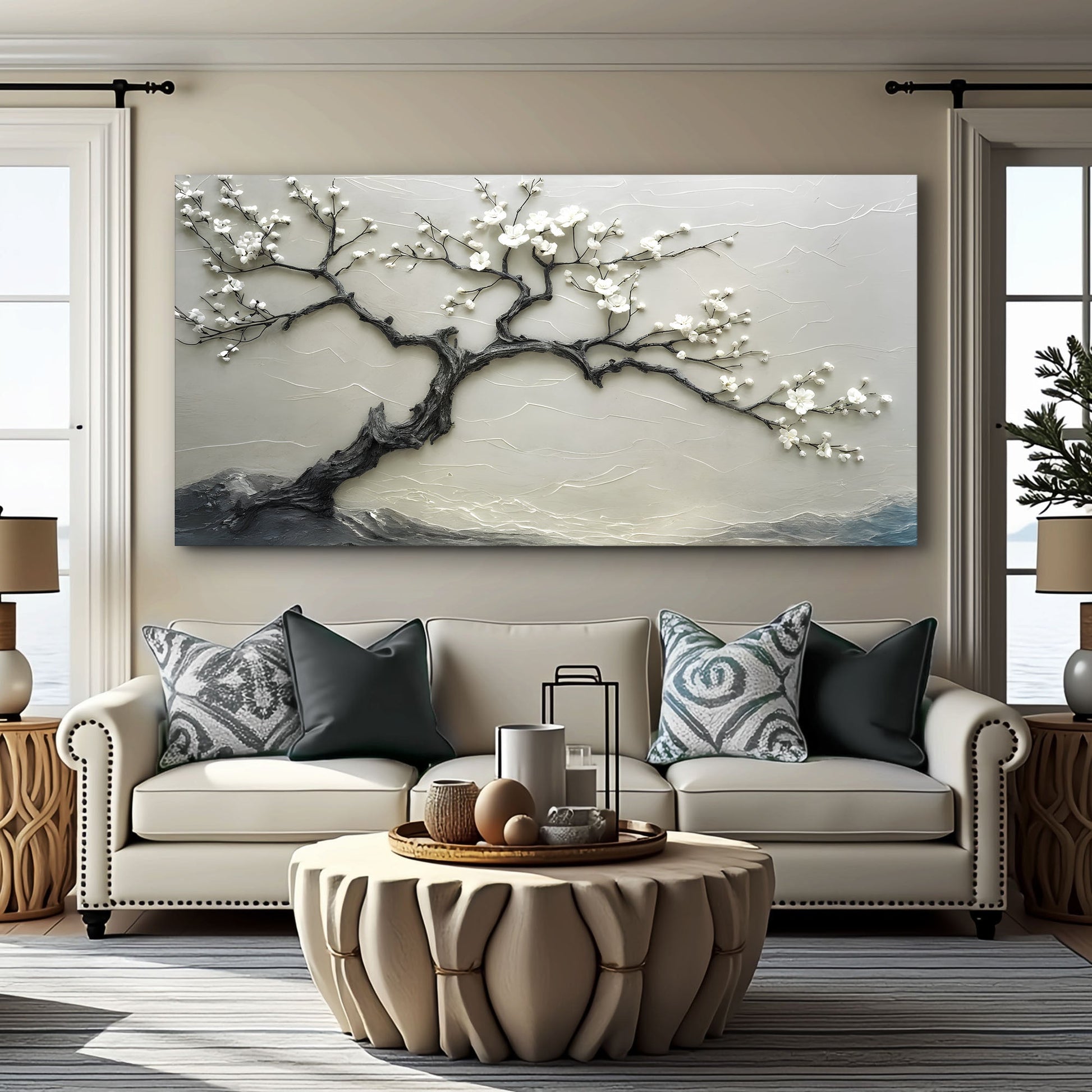 Silent Blossom canvas wall art featuring a dark textured tree branch with white blossoms on gray on Tampa Home & Garden Store