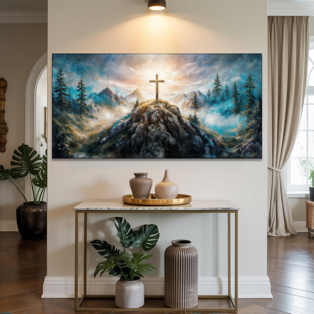 Cross On A Hill Faith Wall Art III canvas with cross atop rocky hill and pine trees on Tampa Home & Garden Store