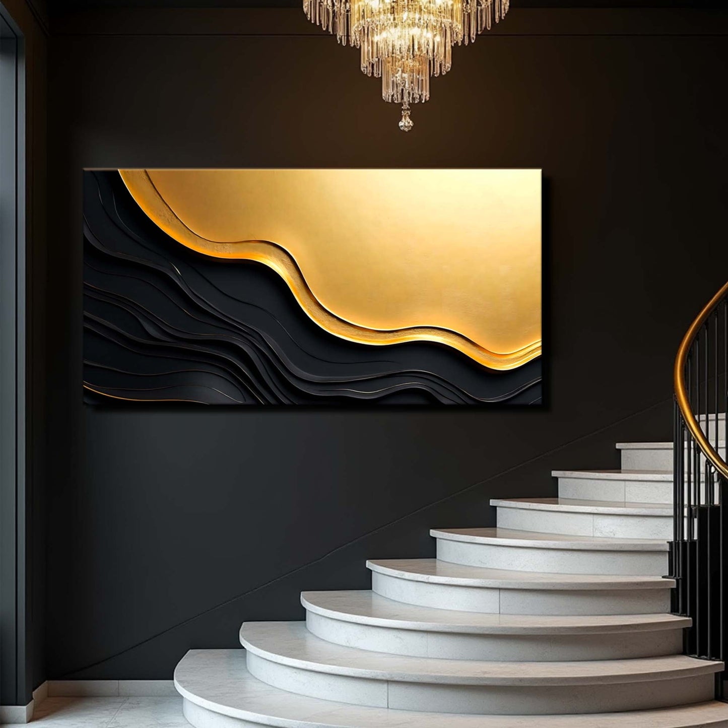 Black and gold minimalist abstract V canvas by Tailored Canvases on dark wall on Tampa Home & Garden Store
