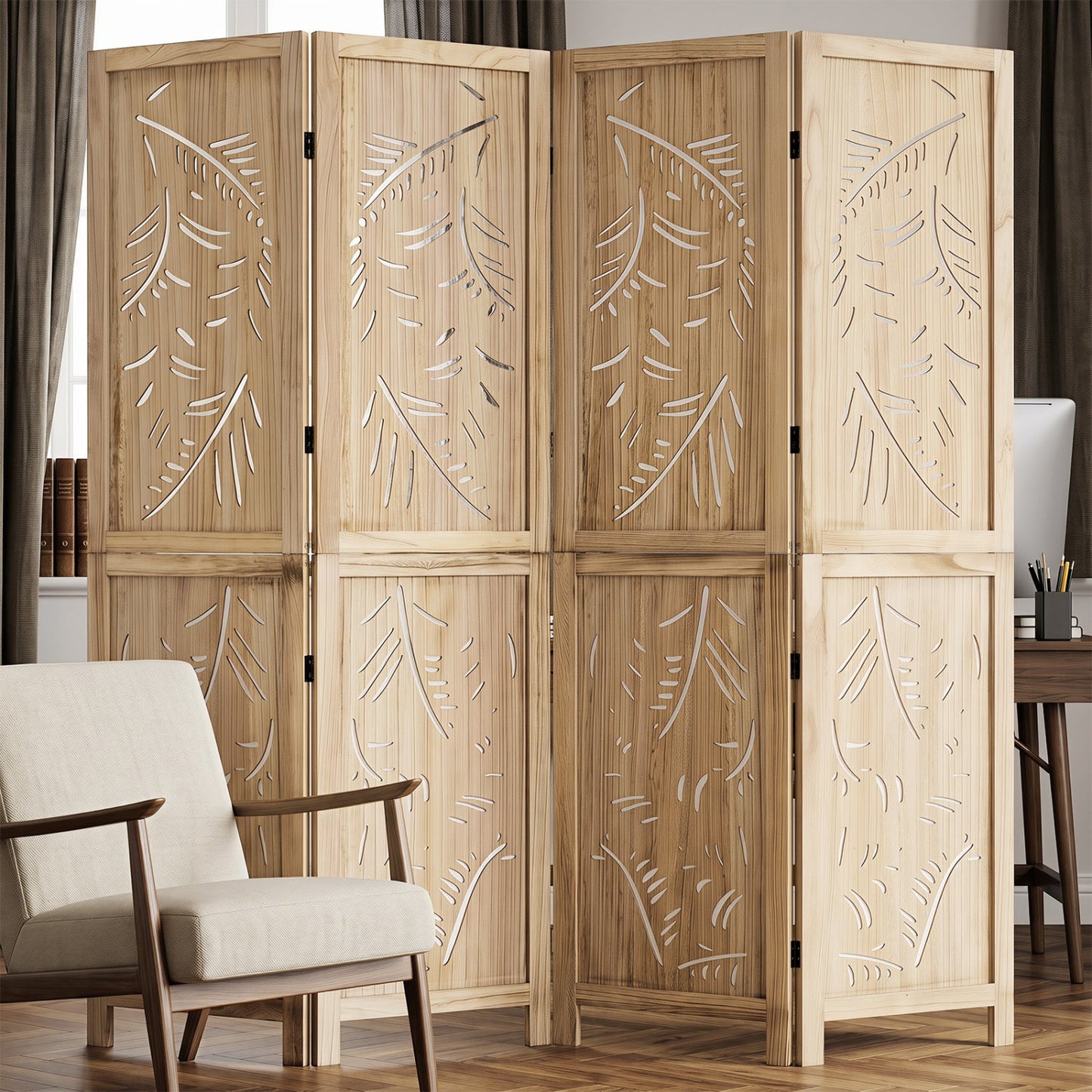 4-panel wooden room divider with palm leaf cutouts, natural finish, 67in tall DirectDeals on Tampa Home & Garden Store