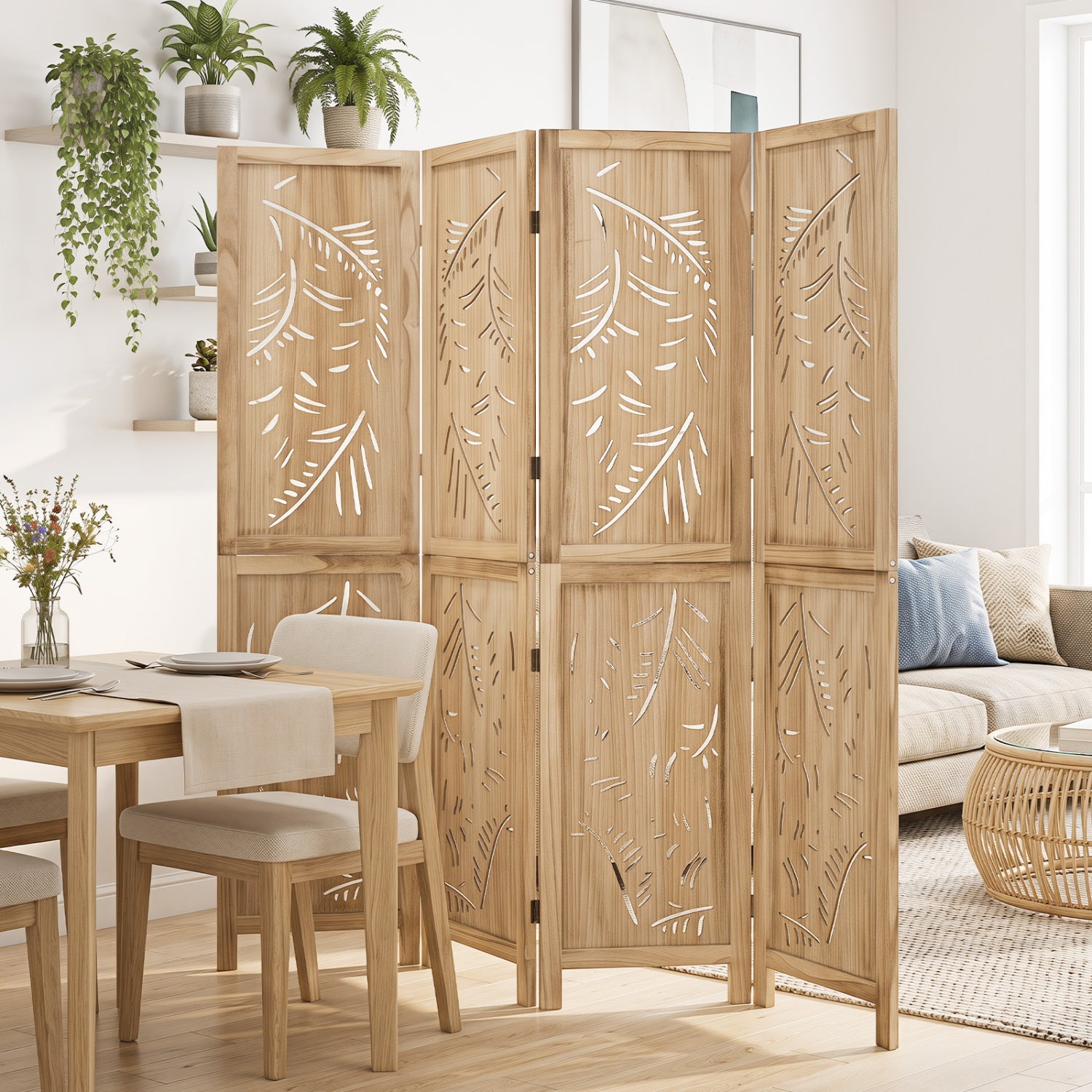 4-panel palm leaf cutout wooden room divider, natural wood, DirectDeals on Tampa Home & Garden Store